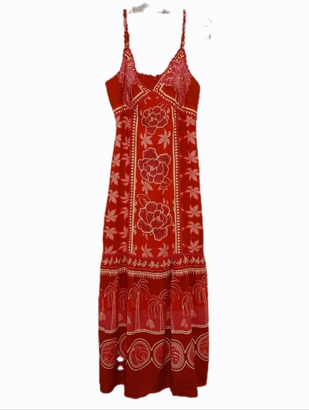 Caroline Constas Large Red Floral Linen Blend Maxi Dress with Spaghetti Straps